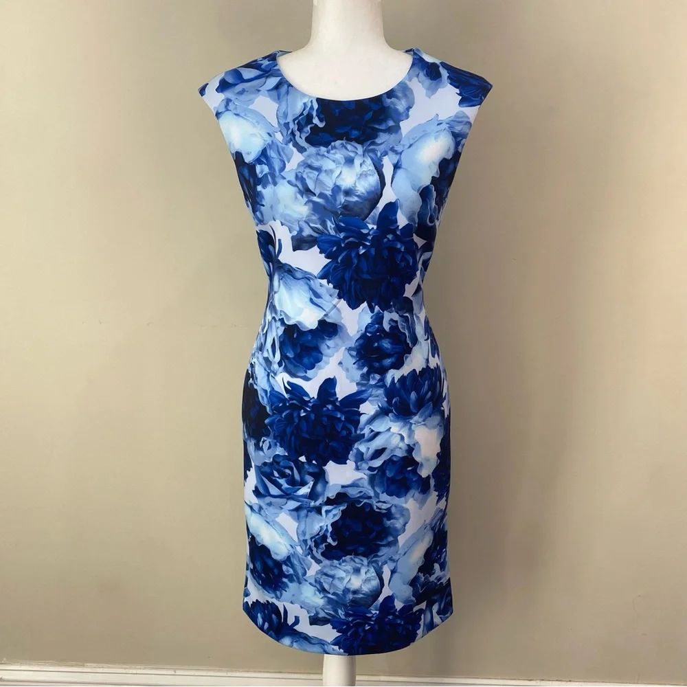T. Tahari Sleeveless Blue & White Floral Zippered Back NWT Size 4 - Picture 4 of 16